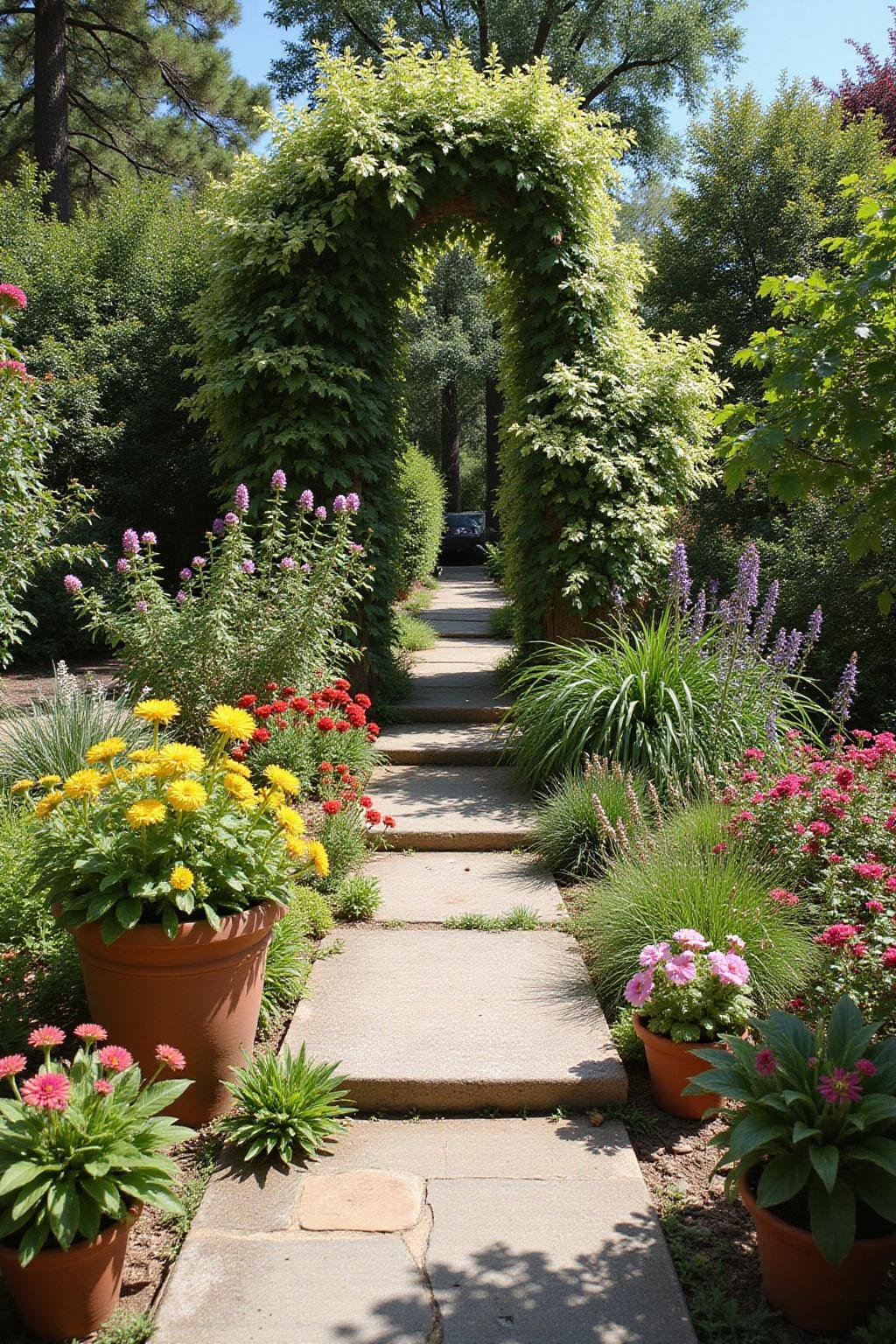 Magnifique jardin de style méditerranéen avec des fleurs colorées, des pots en terre cuite et un chemin en pierre baigné de soleil