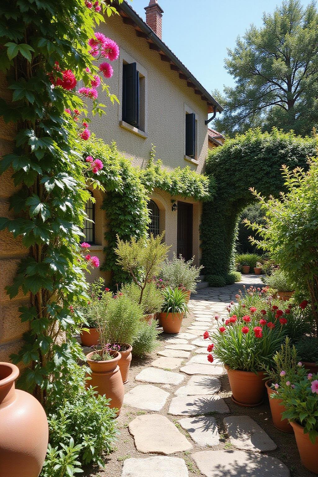 Jardin méditerranéen coloré avec fleurs, pots en terre cuite et allées en pierre sous un ciel ensoleillé.