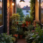 Jardin de balcon chic avec des plantes vertes, des fleurs en pot et un éclairage décoratif au coucher du soleil
