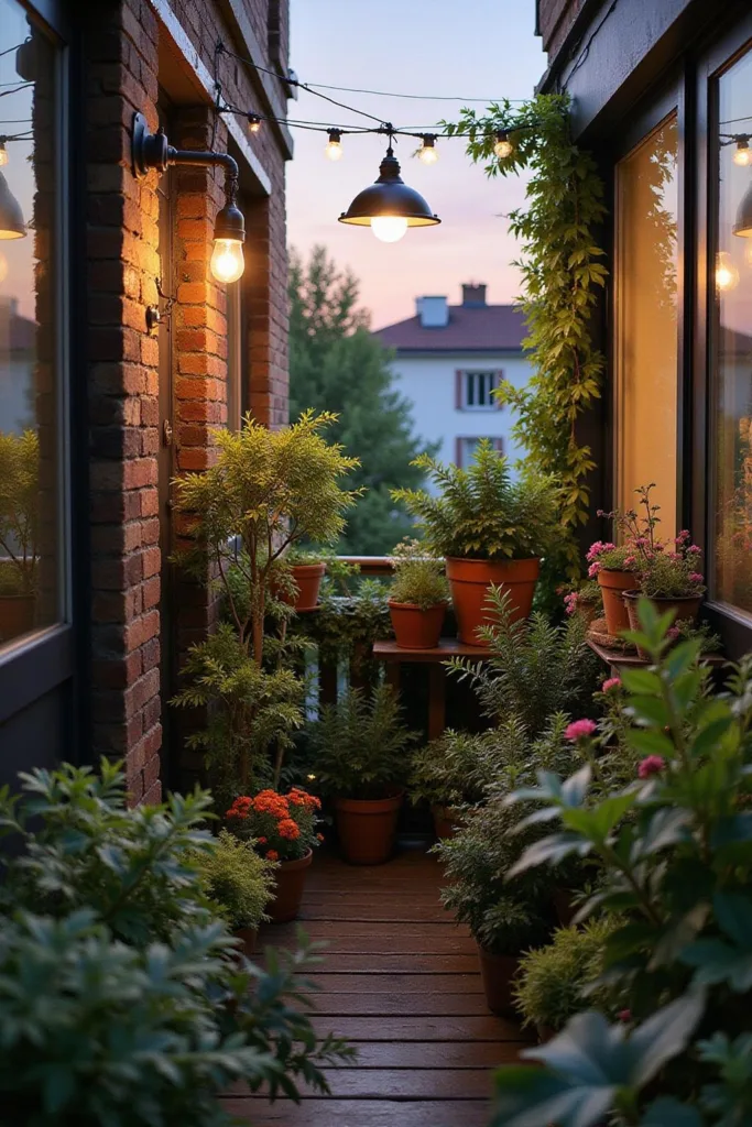 Jardin de balcon chic avec des plantes vertes, des fleurs en pot et un éclairage décoratif au coucher du soleil