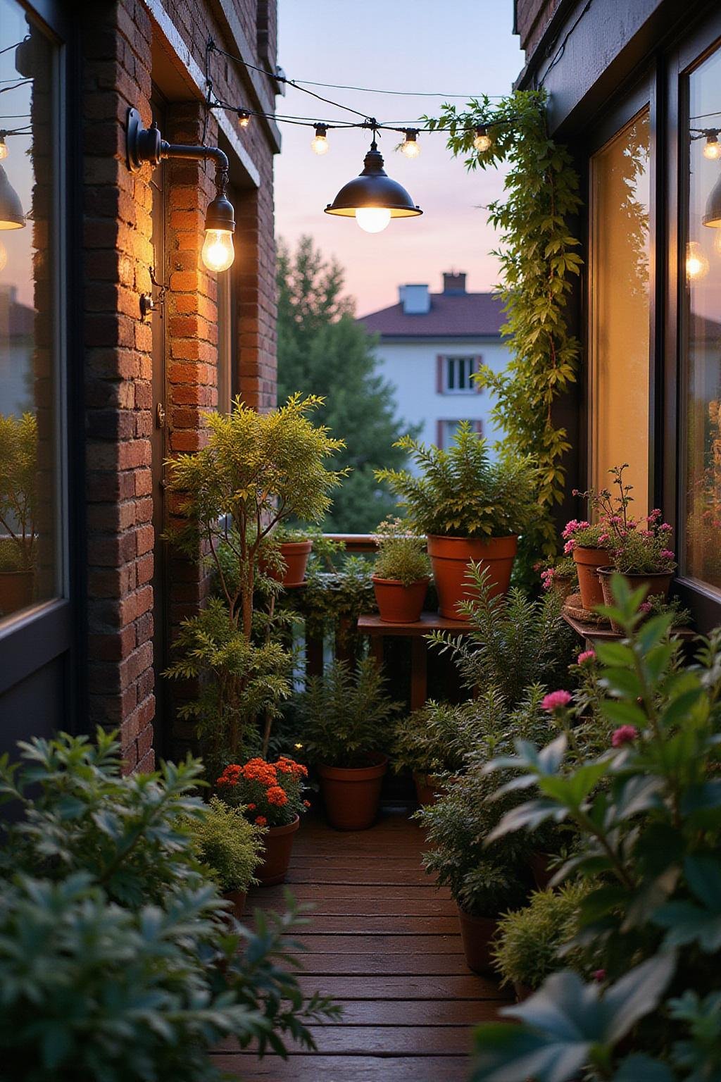 Jardin de balcon chic avec des plantes vertes, des fleurs en pot et un éclairage décoratif au coucher du soleil