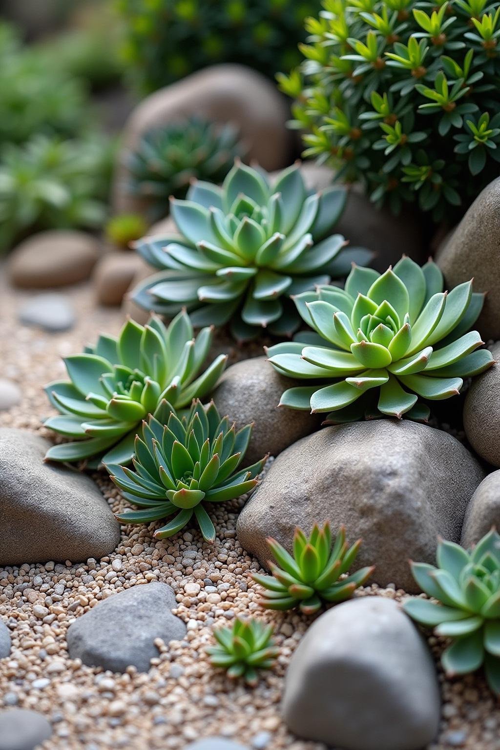 Gros plan sur un magnifique jardin de rocaille succulent avec diverses plantes et pierres naturelles