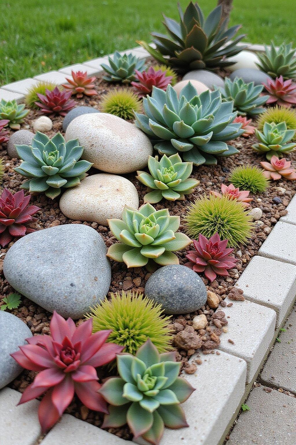Vue rapprochée d'une bordure de jardin de rochers succulents présentant diverses succulentes et pierres naturelles