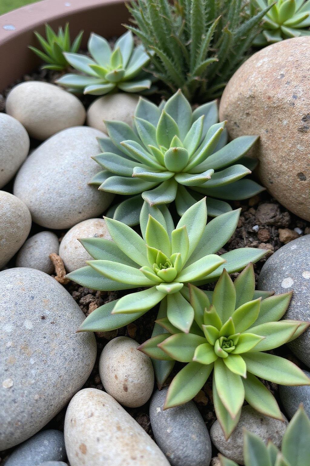 Jardin de rocailles minimaliste avec des pierres et des succulentes vertes luxuriantes, soigneusement arrangées pour un look contemporain