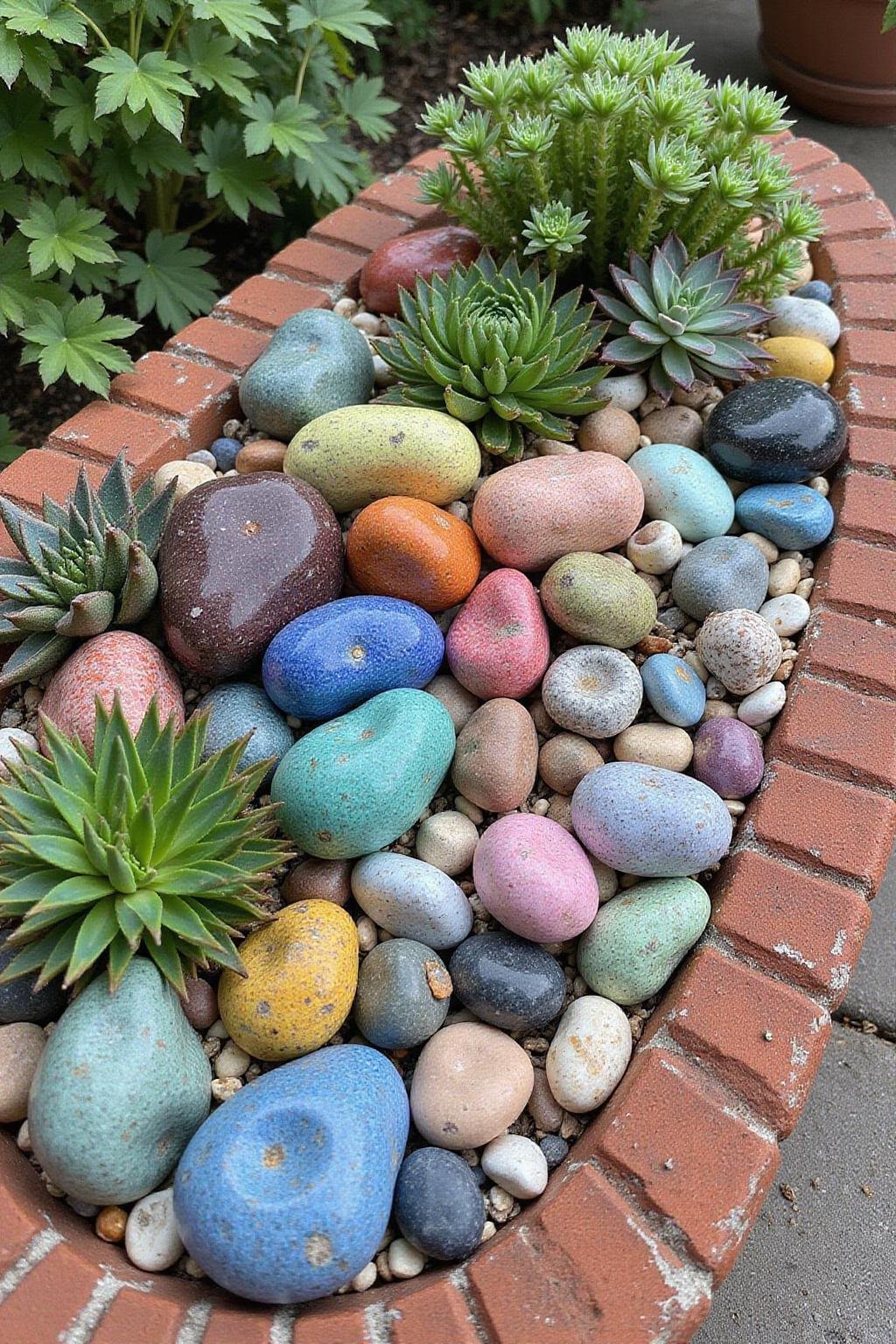 Jardin de rochers coloré de style bohème avec diverses succulentes et pierres décoratives