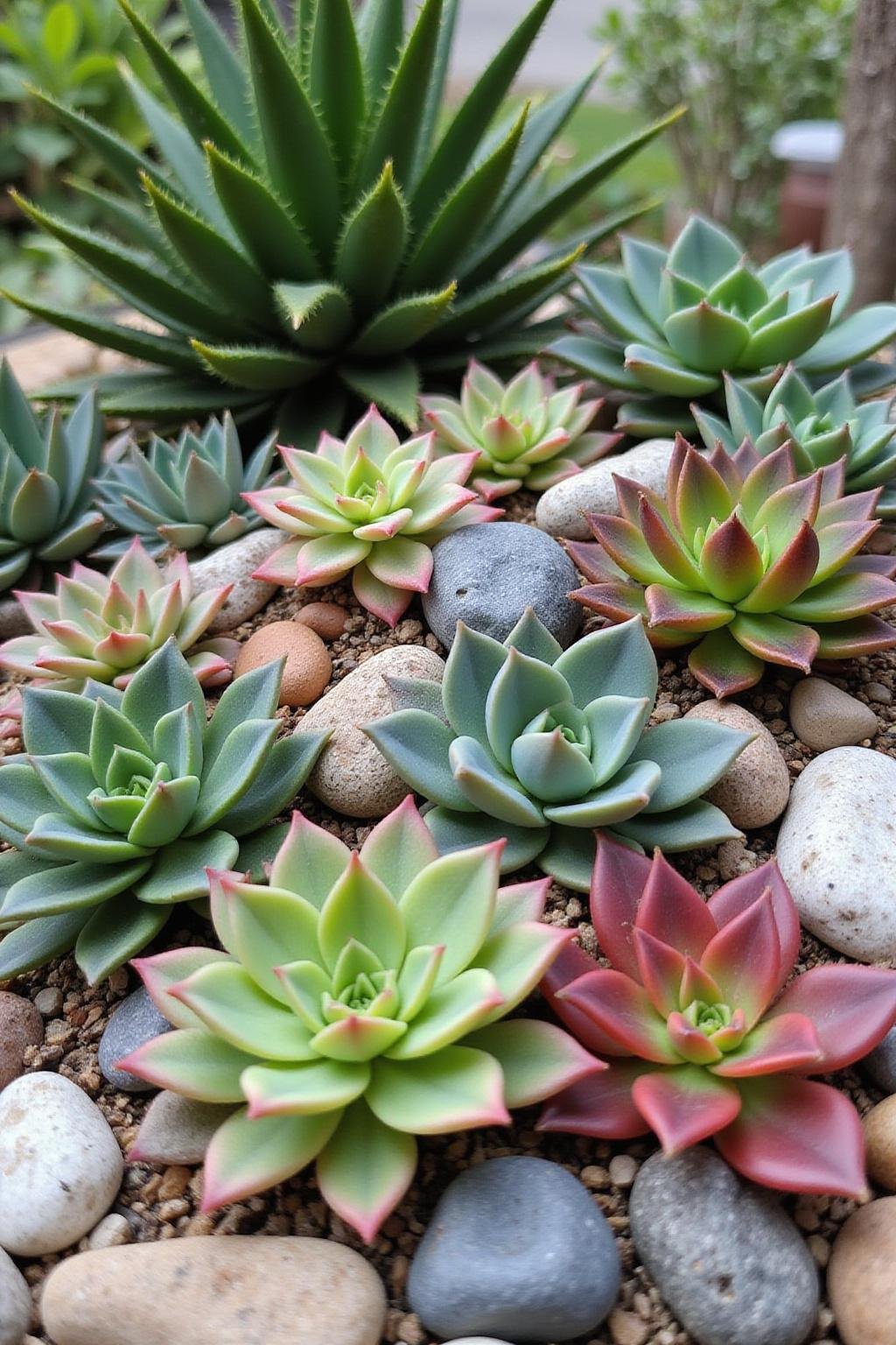 Succulentes colorées dans un jardin de rochers avec des pierres décoratives, parfait pour les jardiniers paresseux