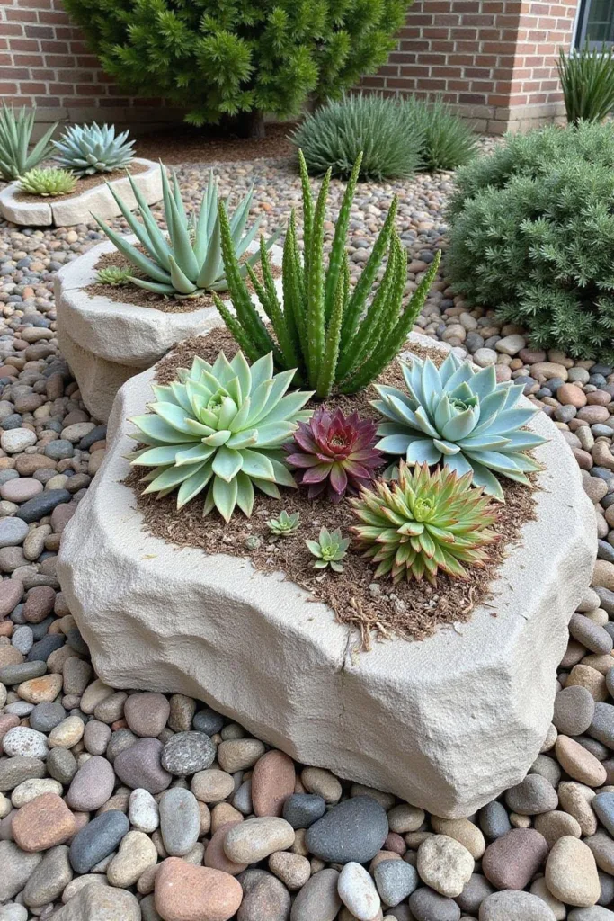 Jardin de succulentes à faible entretien avec diverses plantes succulentes et pierres naturelles pour un entretien simple