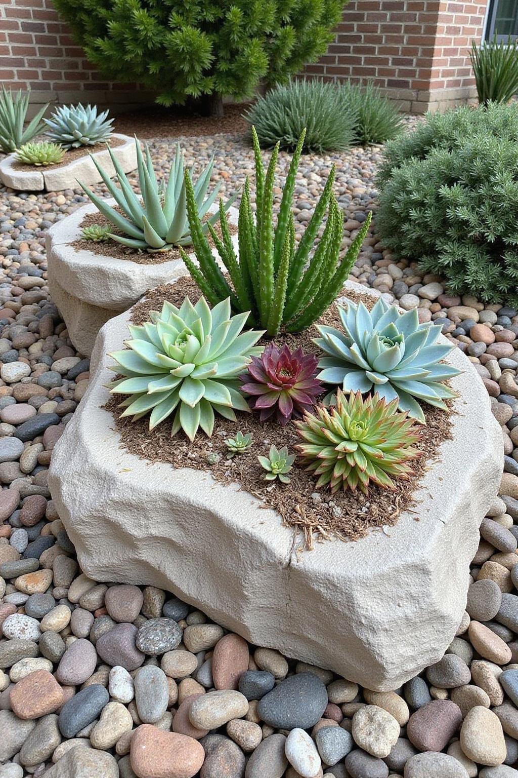 Jardin de succulentes à faible entretien avec diverses plantes succulentes et pierres naturelles pour un entretien simple