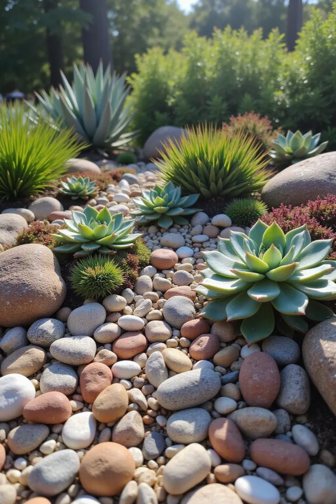 Jardin de rochers avec succulentes à couper le souffle, mettant en vedette une variété diverse de plantes succulentes et de pierres décoratives