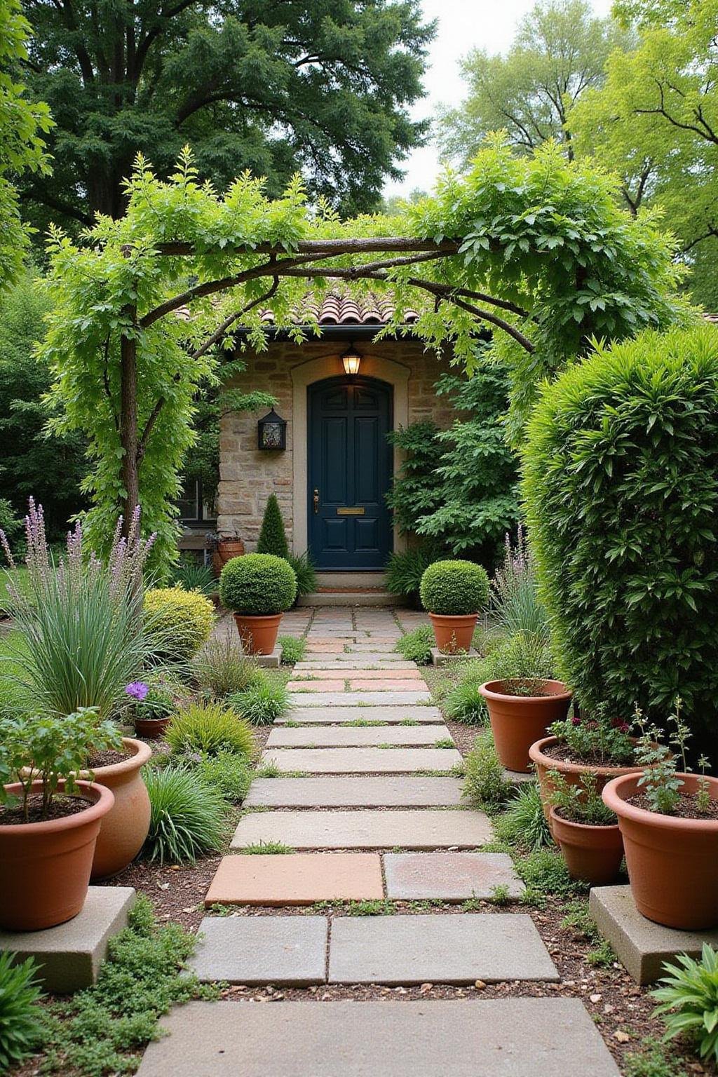Un jardin méditerranéen vibrant avec des pots en terre cuite, des oliviers et des fleurs en pleine floraison, capturant un éclat tuscain authentique
