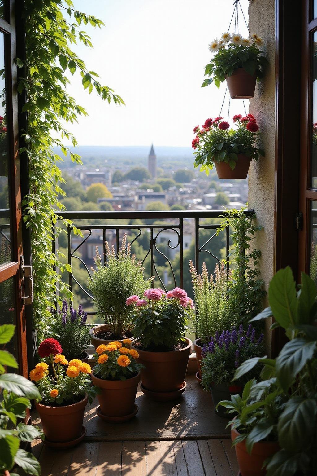 Balcon avec des plantes vertes et des fleurs colorées en pots, vue urbaine en arrière-plan