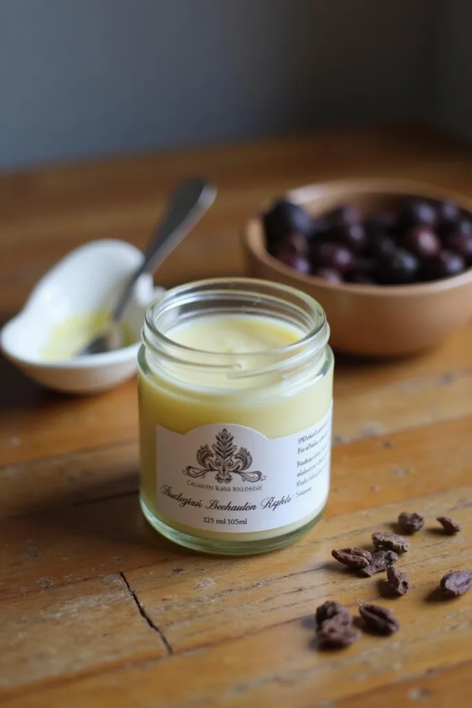 Vue rapprochée d’un pot de baume DIY pour allergies avec des ingrédients herbacés sur une surface en bois