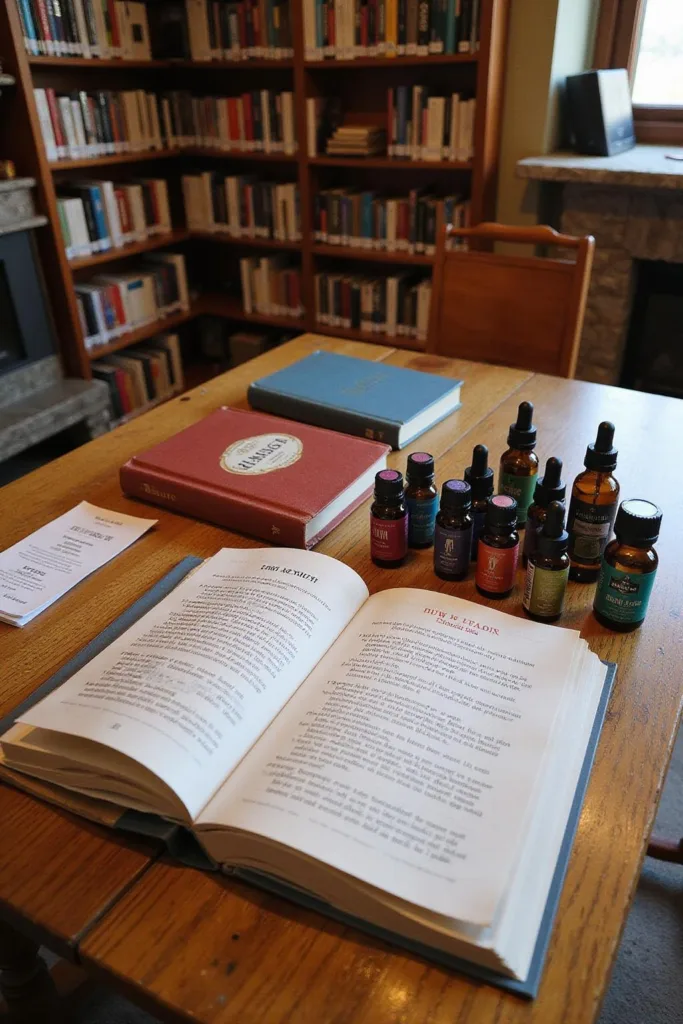 Huiles essentielles et livres de recettes sur une table en bois dans une librairie cosy, servant d'inspiration pour des recettes d'huiles essentielles