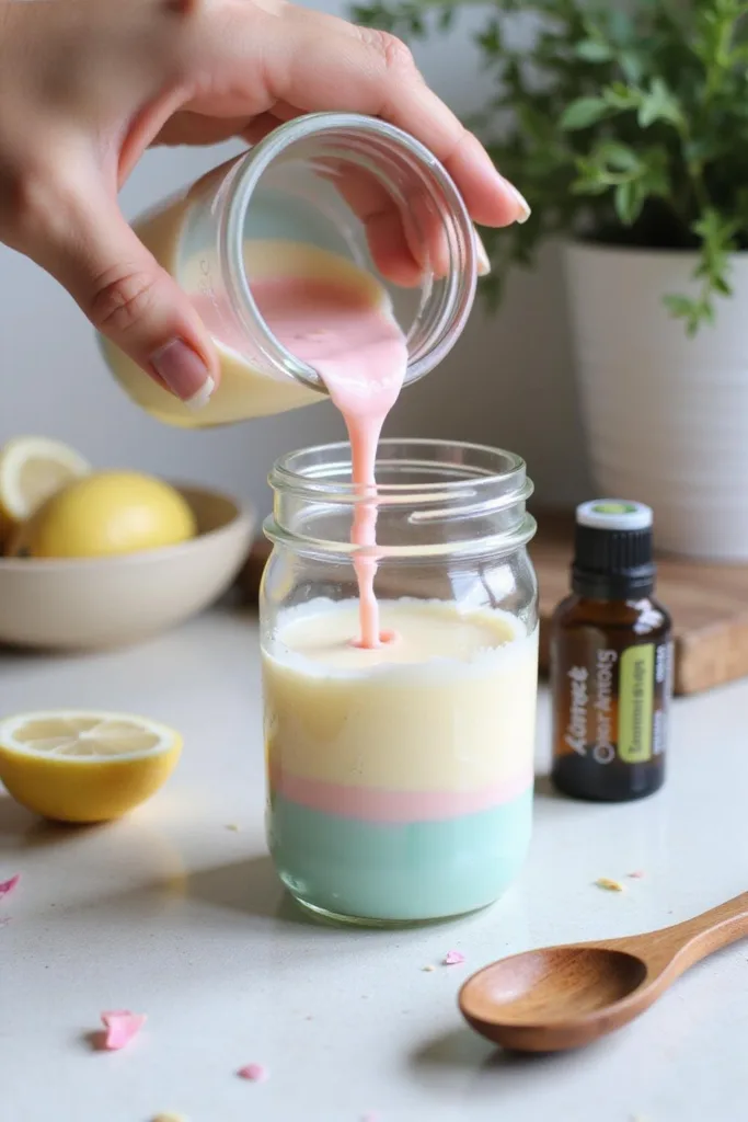 Personne versant de la cire colorée dans un pot pour créer une bougie parfumée d'été faite maison
