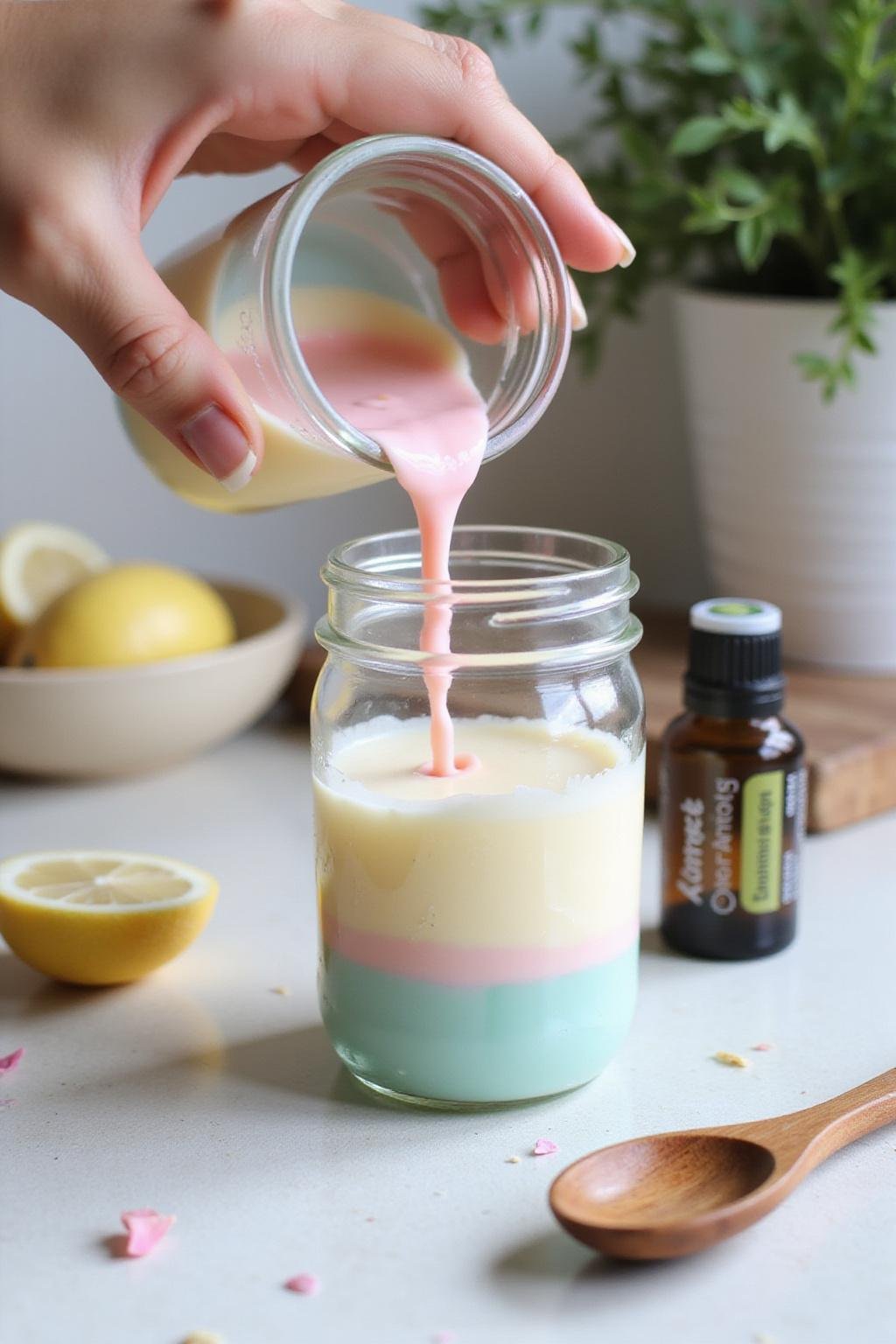 Personne versant de la cire colorée dans un pot pour créer une bougie parfumée d'été faite maison