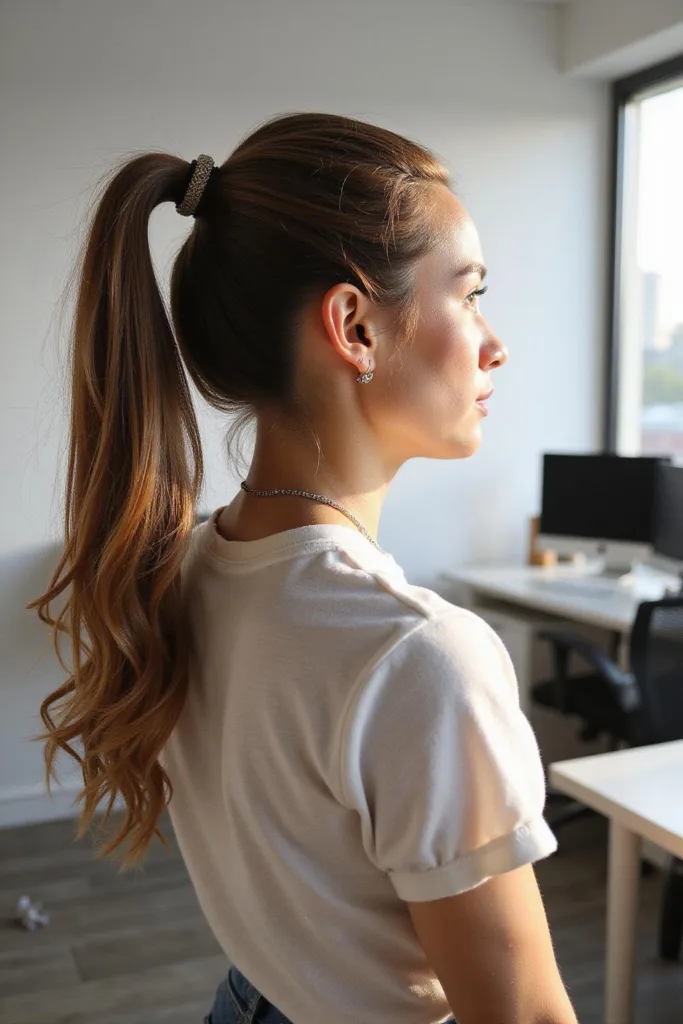Femme professionnelle avec une queue de cheval haute et élégante dans un environnement de bureau lors d'une journée d'été ensoleillée, prête pour une journée de travail.