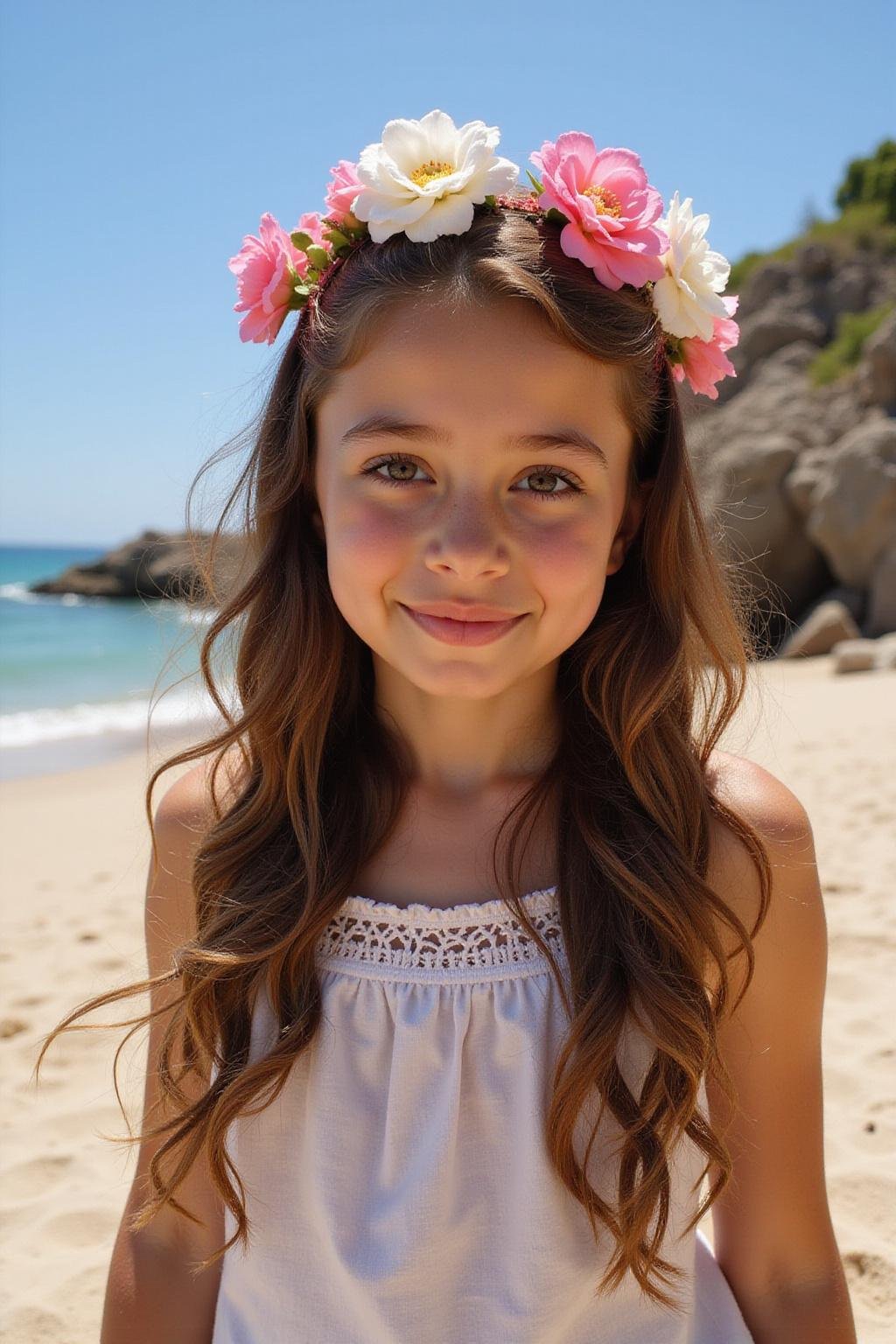 Fille d'été avec une coiffure en vagues naturelles et accessoires floraux en extérieur par une journée ensoleillée