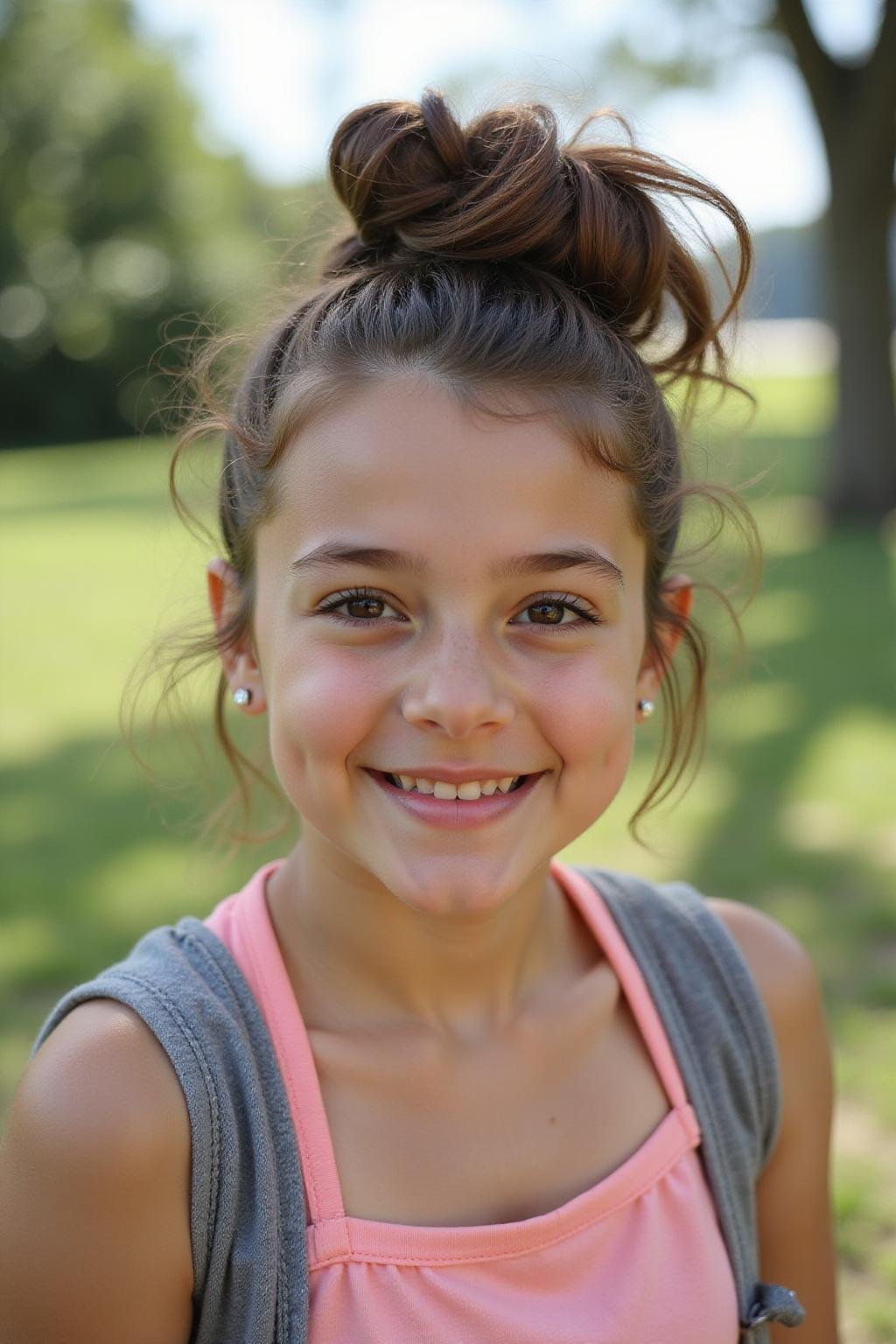 Jeune fille avec un chignon décoiffé profitant de l'été en plein air