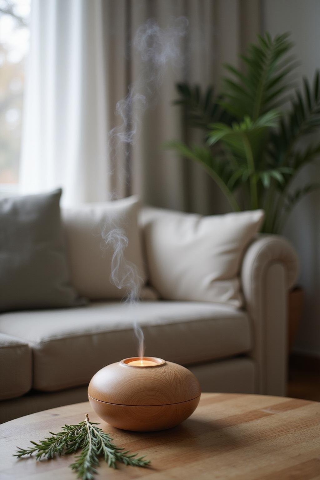 Diffuseur d'huiles essentielles moderne diffusant une vapeur aromatique avec des plantes dans un intérieur chaleureux