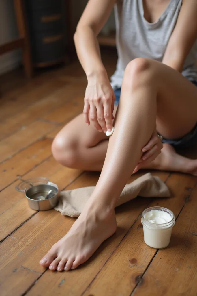 Femme appliquant une crème DIY pour les pieds sur ses talons secs et fissurés en journée