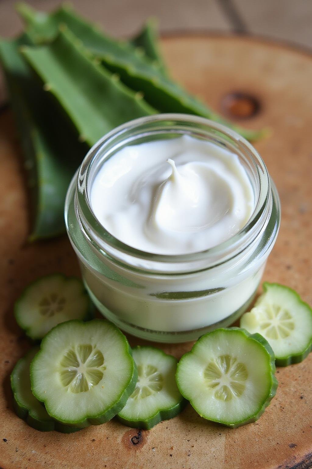 Crème pour les yeux fait maison avec aloe vera et concombre pour réduire ridules et cernes