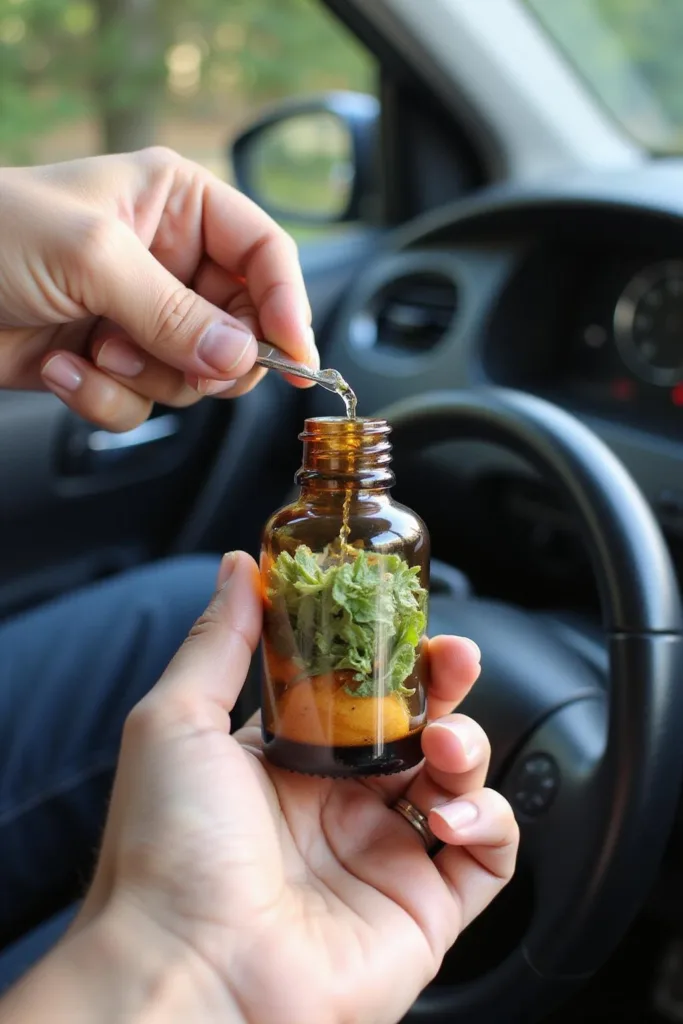 Personne mélangeant des huiles essentielles dans une bouteille en verre pour un déodorant auto fait maison