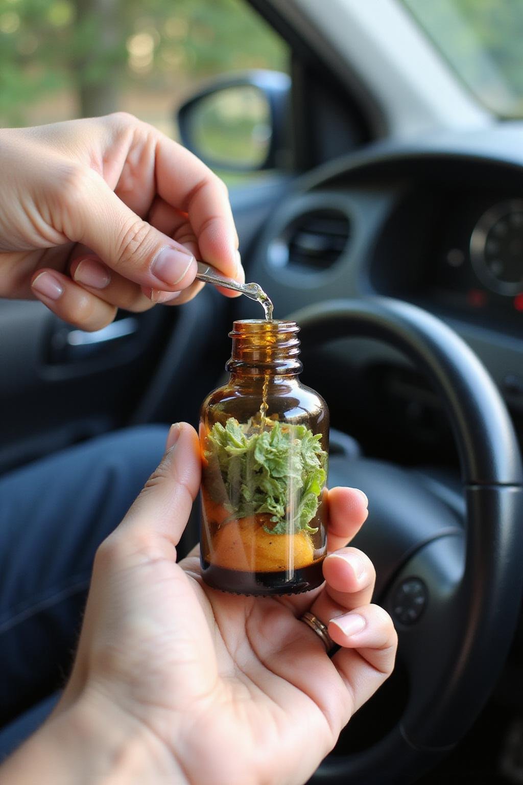 Personne mélangeant des huiles essentielles dans une bouteille en verre pour un déodorant auto fait maison