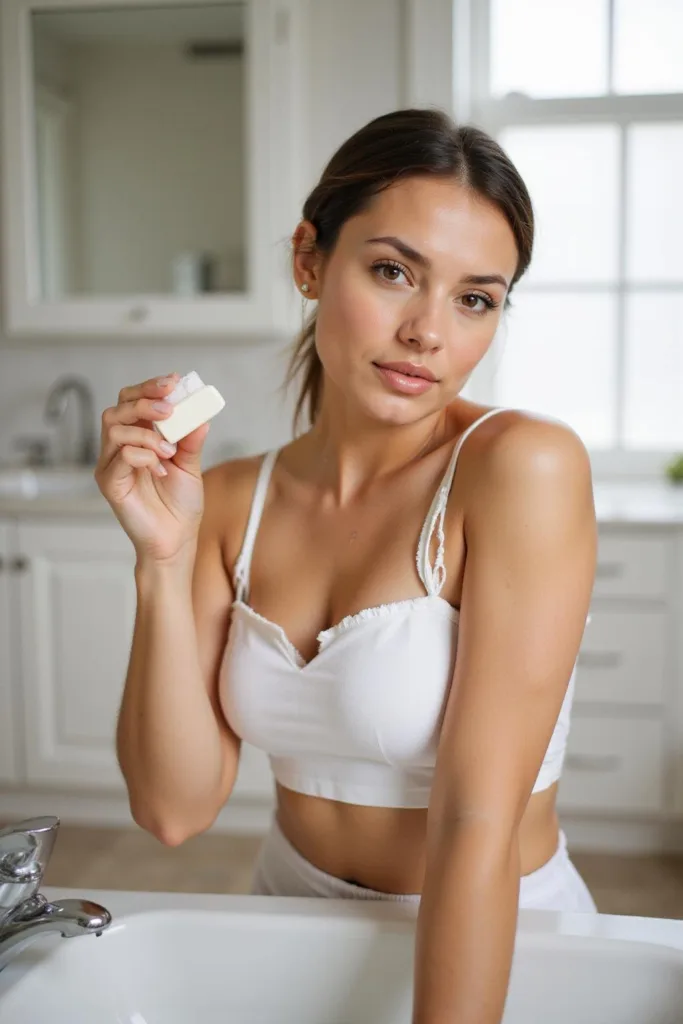 Femme illustrant l'application d'un déodorant naturel DIY dans la salle de bain pour une sensation de fraîcheur