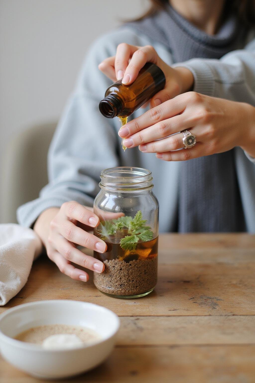 Personne préparant un diffuseur d’air maison avec des huiles essentielles et une bouteille en verre dans un intérieur cosy