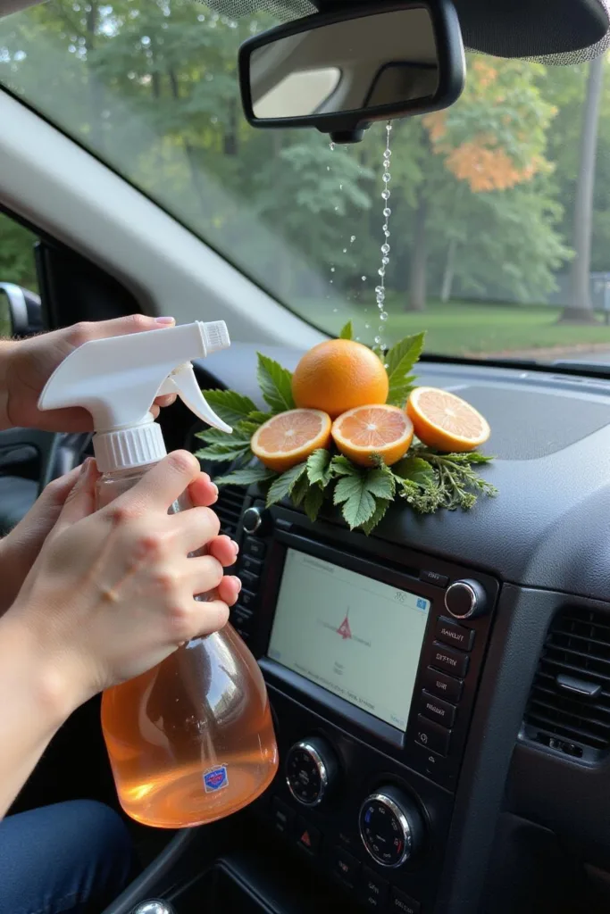 Personne utilisant un spray désodorisant DIY dans l'intérieur de sa voiture, avec des agrumes et des herbes sur le tableau de bord
