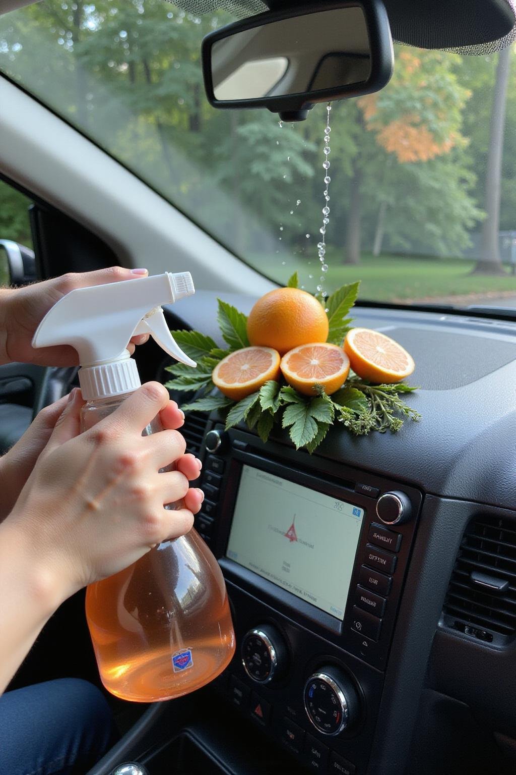 Personne utilisant un spray désodorisant DIY dans l'intérieur de sa voiture, avec des agrumes et des herbes sur le tableau de bord