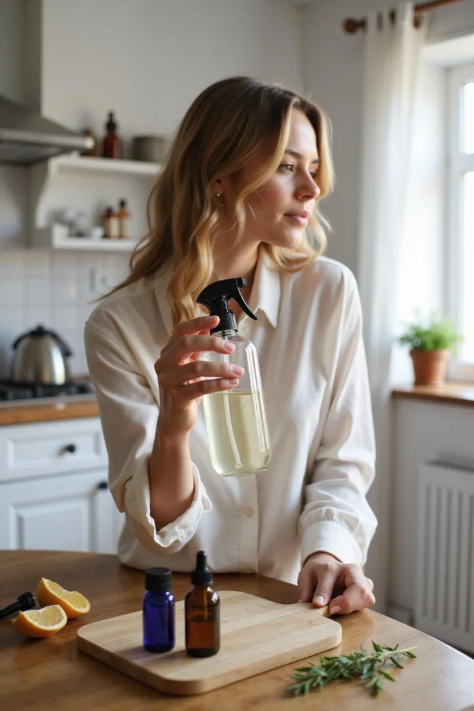 Jeune femme préparant un brume corporelle DIY aux huiles essentielles dans une cuisine lumineuse, tenant un flacon de spray.