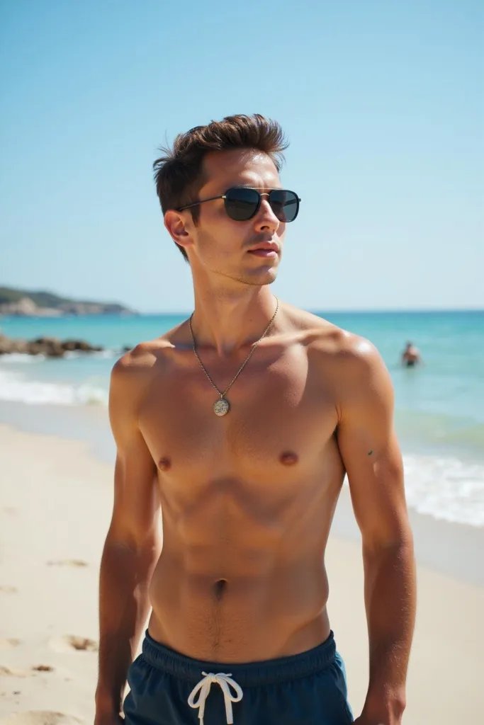 Jeune homme avec une coiffure courte et hérissée au bord de la mer, portant des lunettes de soleil et un maillot de bain