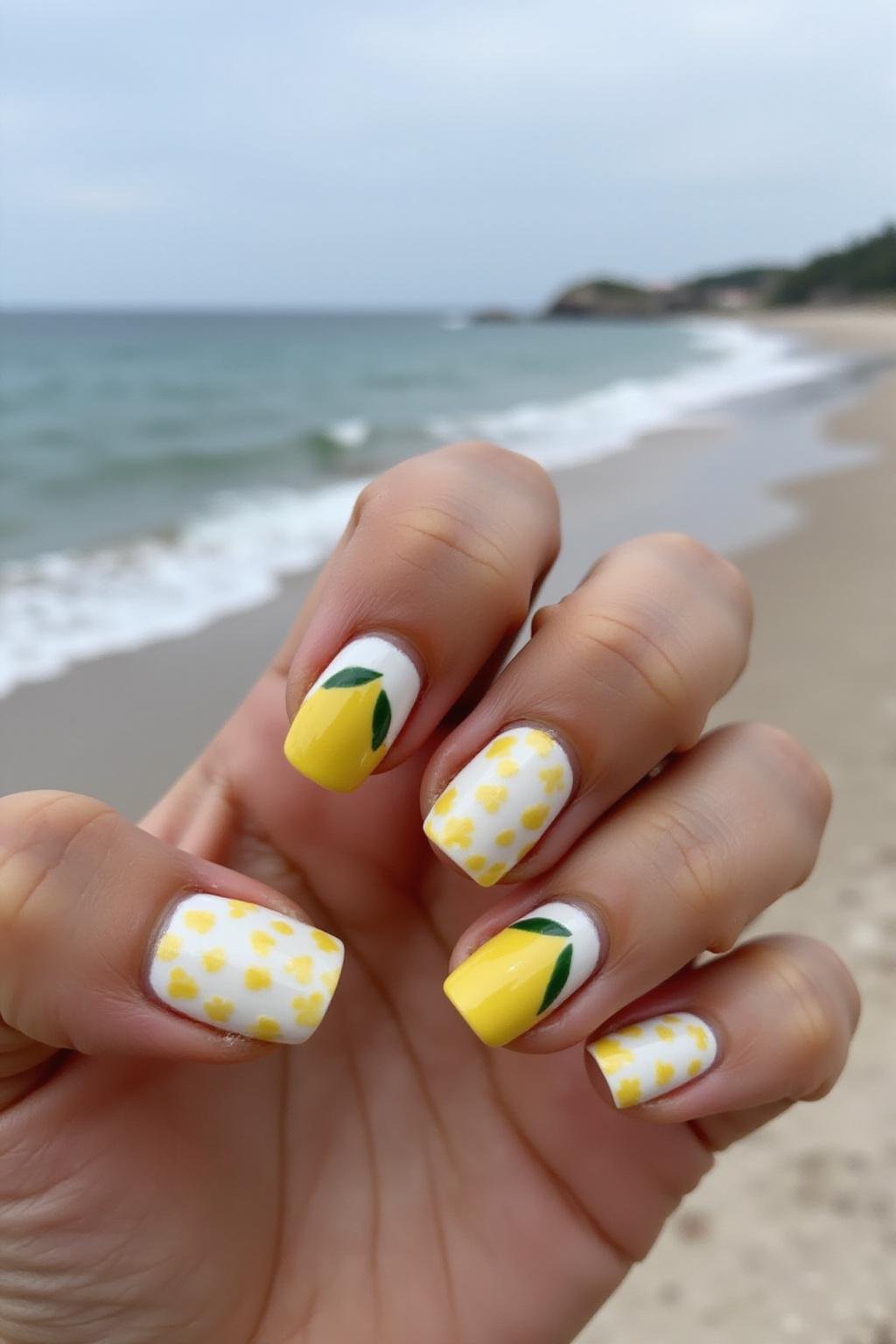 Main d'une femme avec une décoration d'ongles à thème citron, présentant des motifs d'agrumes jaunes et blancs, avec un décor de plage estivale