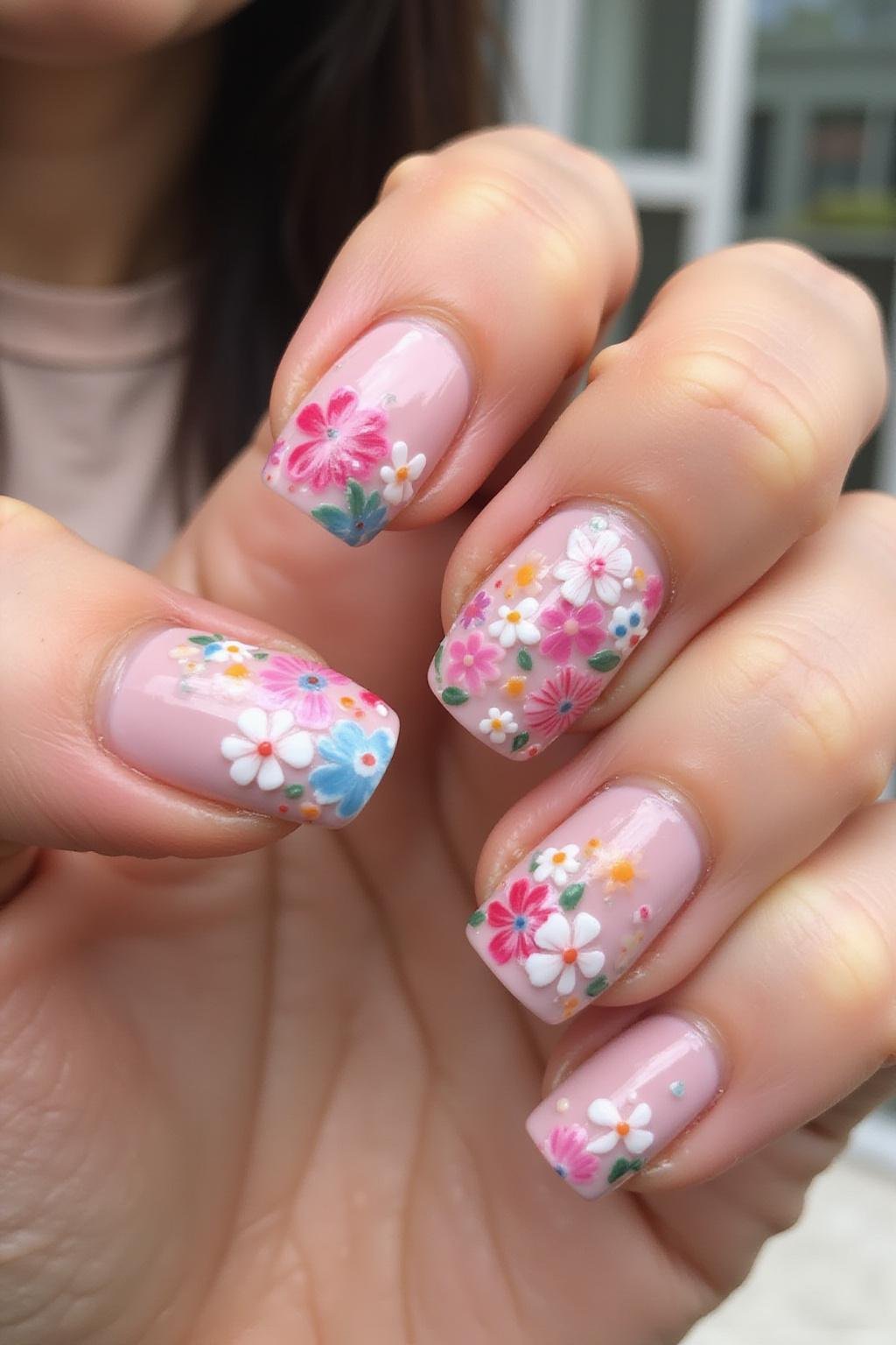 Gros plan sur une manucure estivale avec des fleurs en 3D et des couleurs vives pour un look rafraîchissant et à la mode