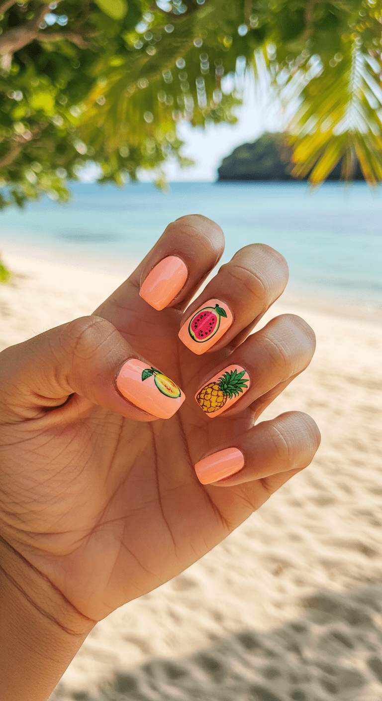 Design d'ongles aux fruits tropicaux pour un été vibrant et rafraîchissant