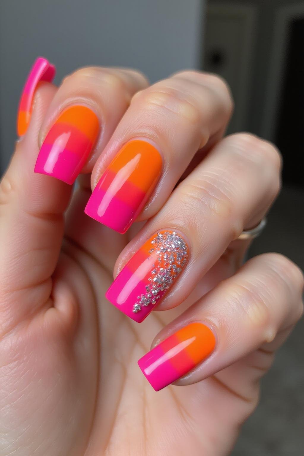Main féminine présentant des ongles coffins colorés et tendance pour l'été 2025, avec un dégradé de néon rose et orange, détails scintillants, finition brillante
