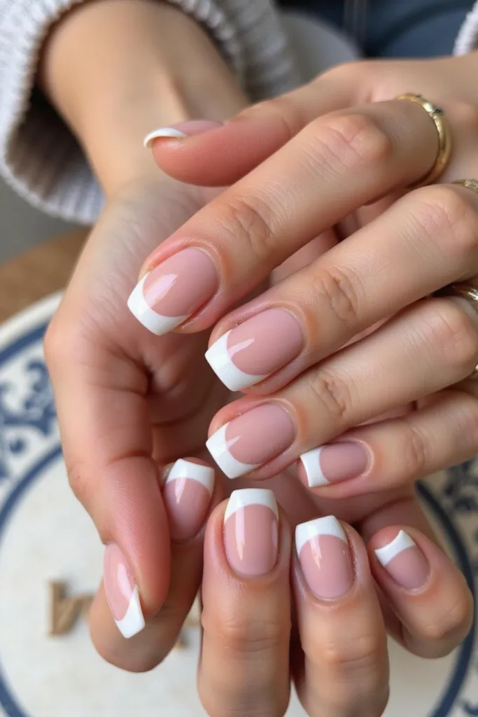 Jolie manucure avec des ongles en forme d'amande et une French blanche, parfaite pour la mode estivale 2025