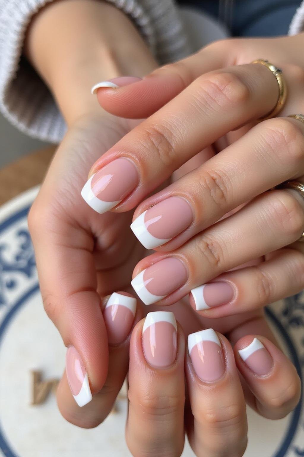 Jolie manucure avec des ongles en forme d'amande et une French blanche, parfaite pour la mode estivale 2025