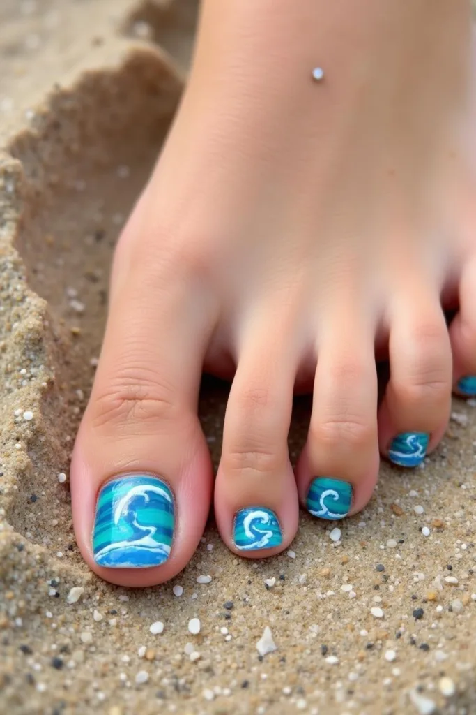 Art de manucure pour les orteils sur le thème de la plage en bleu et turquoise, parfait pour des vacances relaxantes