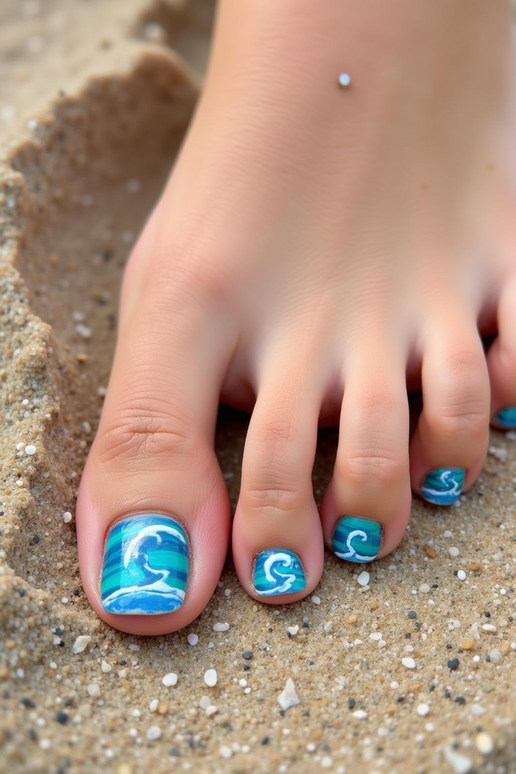 Art de manucure pour les orteils sur le thème de la plage en bleu et turquoise, parfait pour des vacances relaxantes