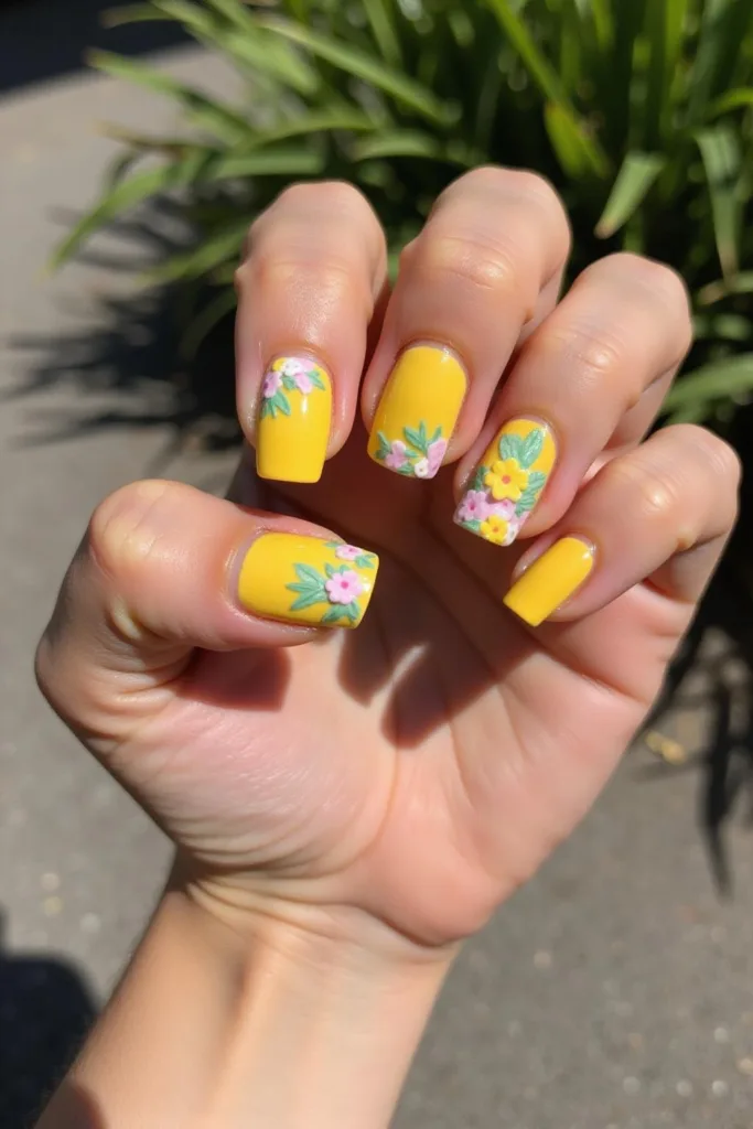 Gros plan sur des ongles d'été jaunes, ornés de motifs pastel floraux, portés par une femme en extérieur en plein soleil.