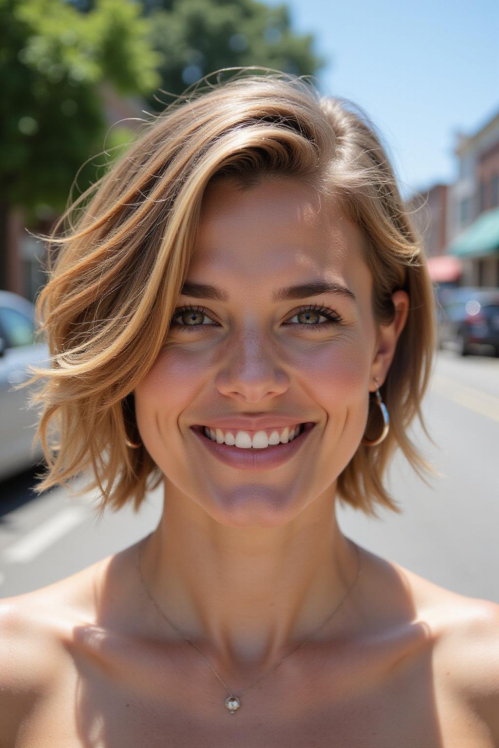 Femme souriante avec une coupe courte estivale et des mèches en highlight en plein air