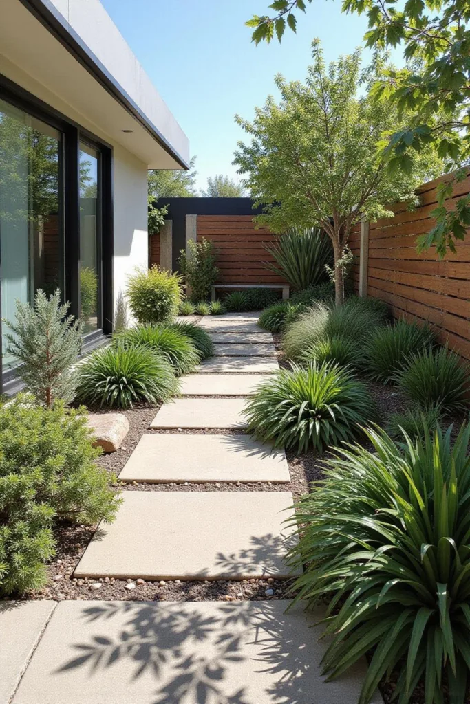 Jardin moderne à faible entretien avec plantes résistantes à la sécheresse, design minimaliste et chemins en pierre