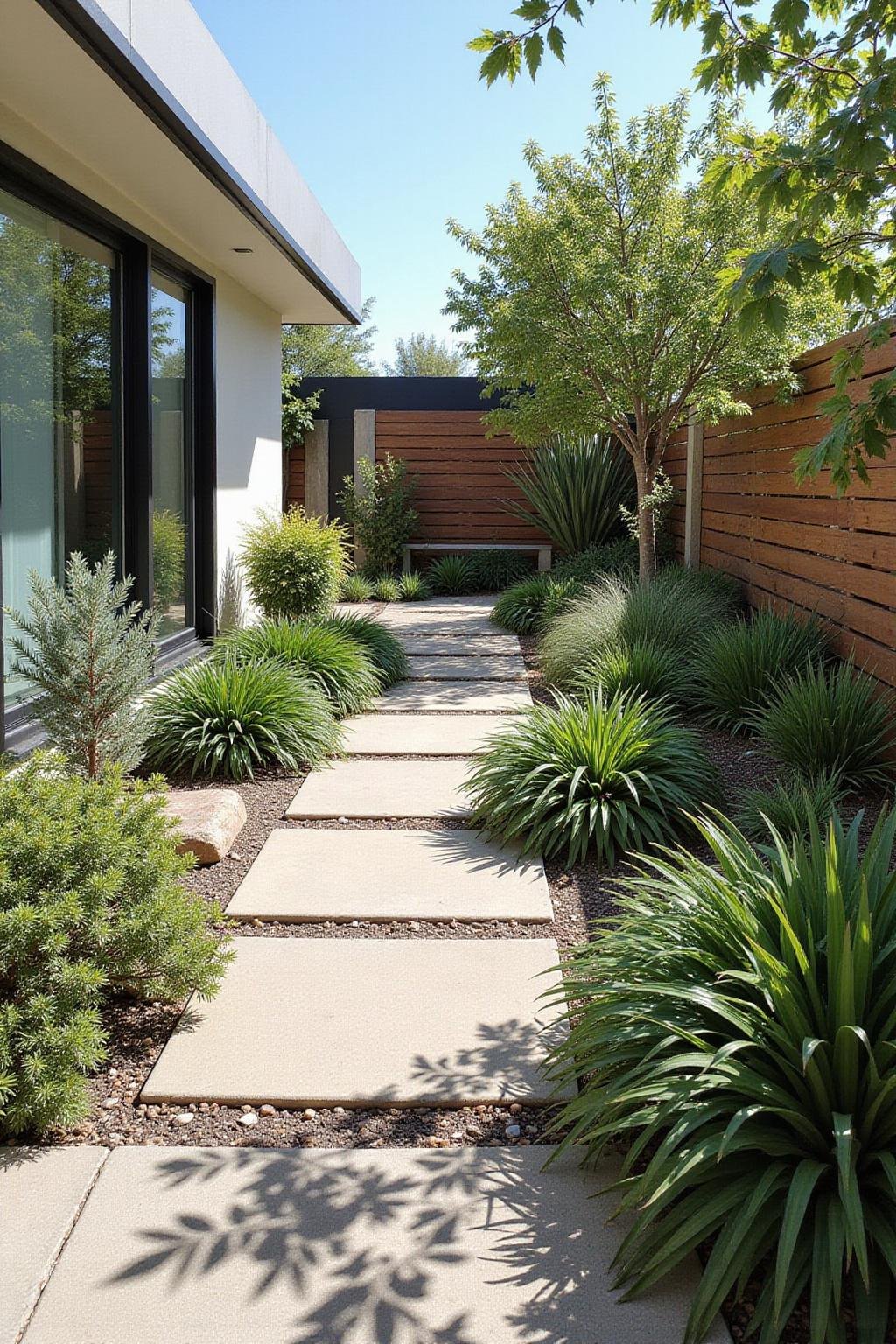 Jardin moderne à faible entretien avec plantes résistantes à la sécheresse, design minimaliste et chemins en pierre