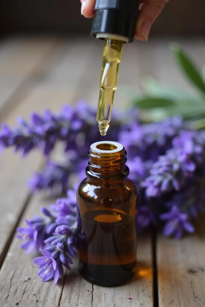 Goutte d'huile essentielle de lavande déposée sur des fleurs de lavande fraîches pour une extraction naturelle