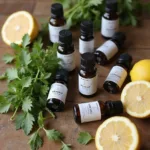 Assortiment d'huiles essentielles entourées d'herbes aromatiques et de fruits citrus, parfaits pour booster l'immunité
