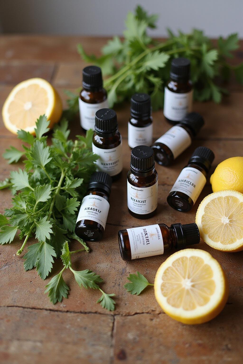 Assortiment d'huiles essentielles entourées d'herbes aromatiques et de fruits citrus, parfaits pour booster l'immunité