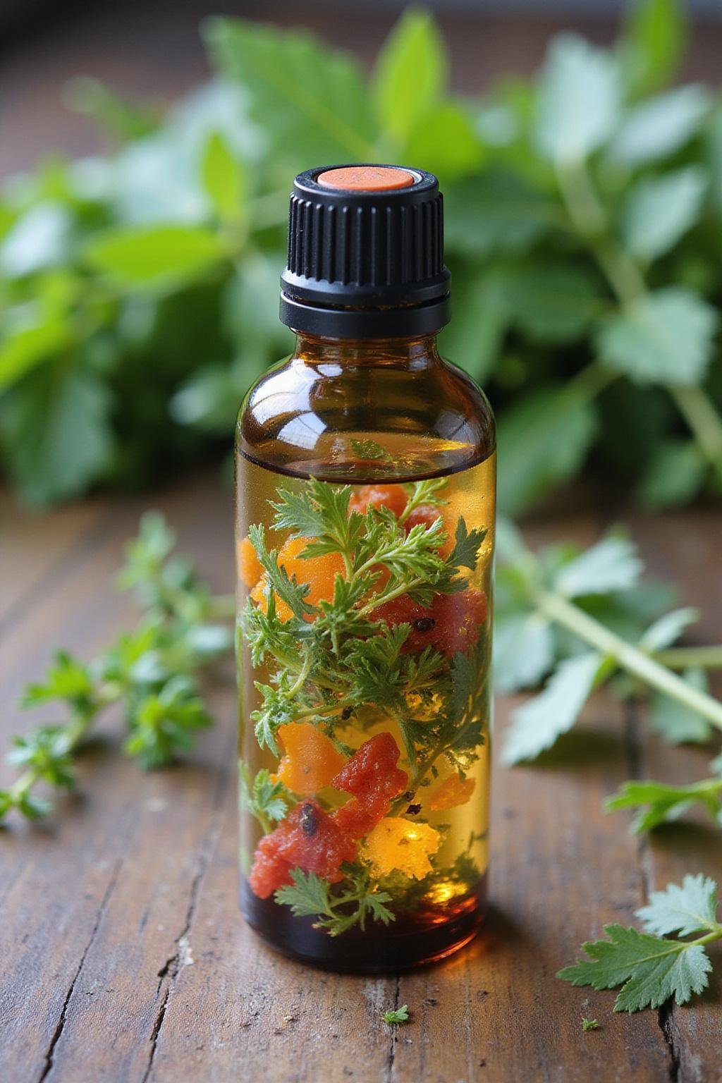 Bouteille en roll-on d'huiles essentielles vibrantes avec des herbes pour un boost d'énergie sur une table en bois