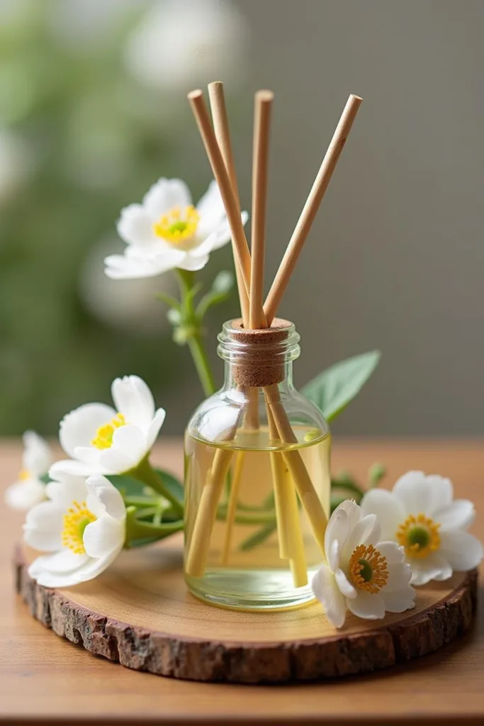 Configuration de diffuseur printanier avec huiles essentielles et fleurs fraîches pour un aromathérapie à domicile